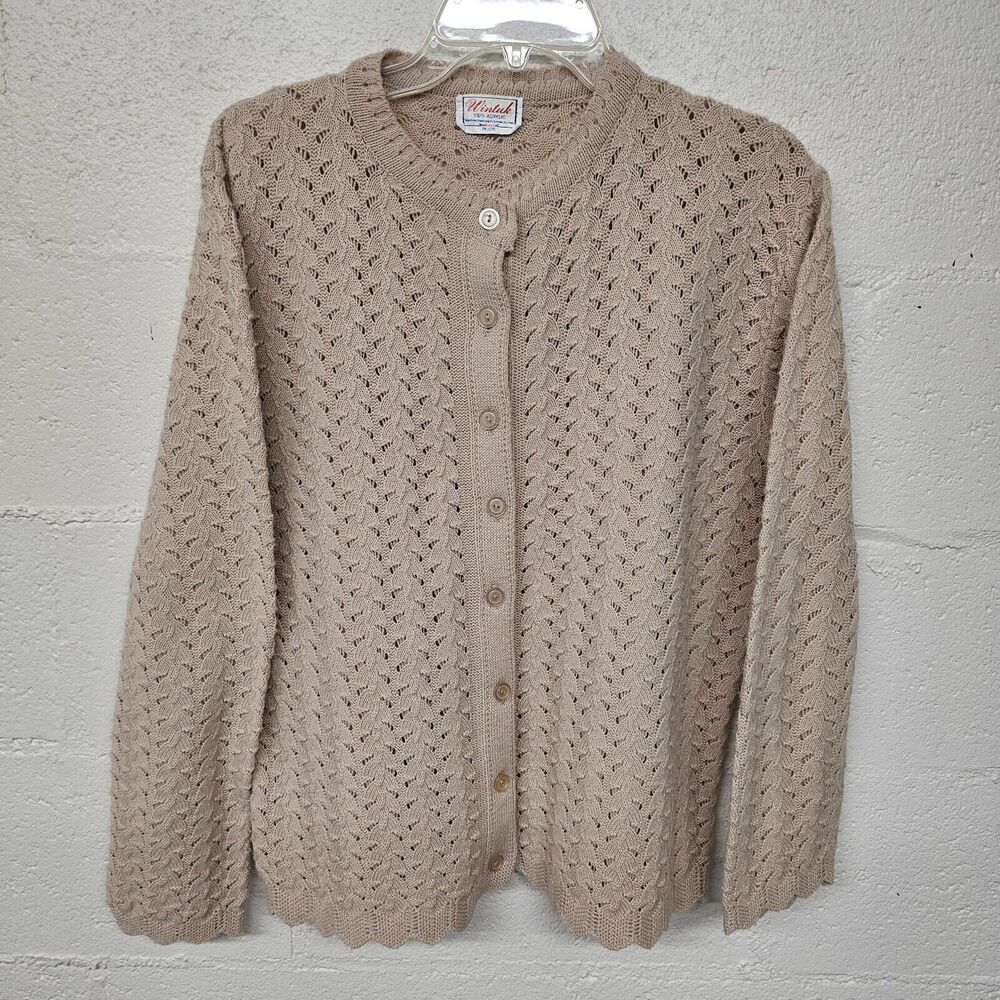Vintage Wintuk Medium Cardigan Womens Beige Open Knit Eyelet Lightweight Grandma
